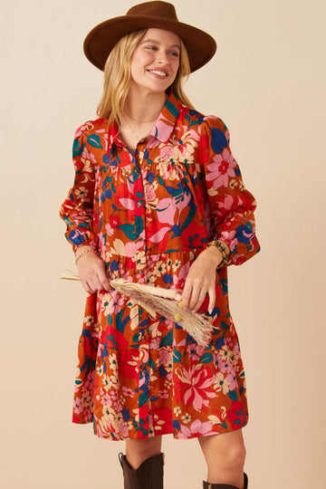 HY7737W Black Womens Retro Floral Button Down Tiered Tunic Dress Front